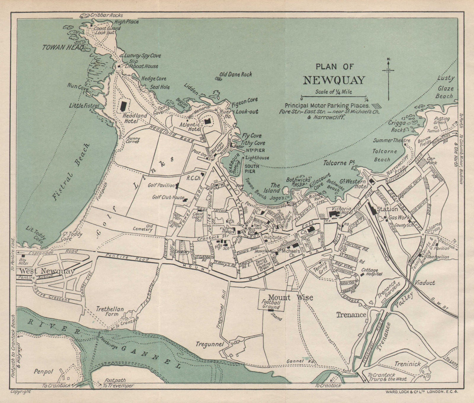 NEWQUAY vintage tourist town city resort plan. Cornwall. WARD LOCK 1933 map